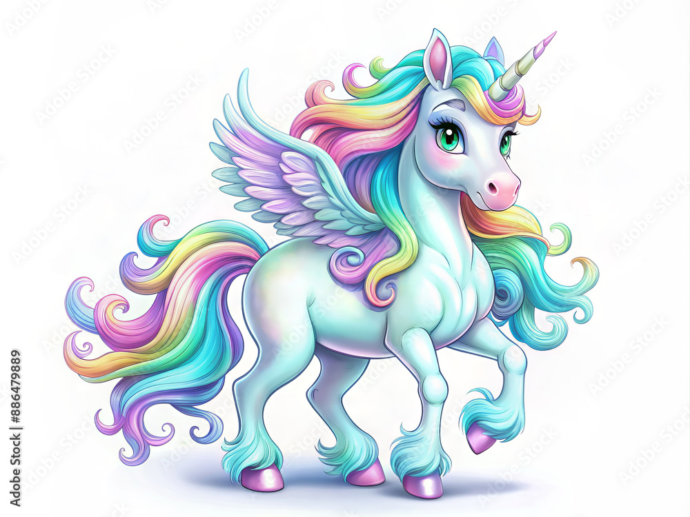 A unicorn with a rainbow mane and tail is standing on hind legs A unicorn with a rainbow mane and tail is standing on hind legs