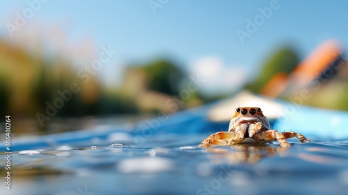 A close-up of a crab appearing to float on the water’s surface, set against a distant and blurred background, depicting the aquatic life in sharp detail. photo