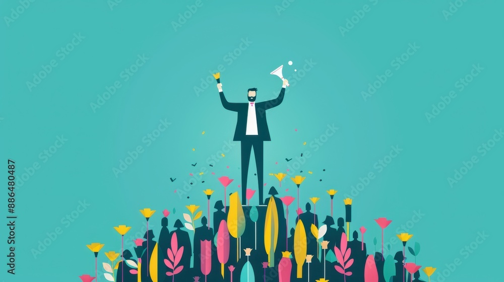 A business leader delivering a triumphant speech to a group of colleagues, symbolizing success and achievement. The clean background provides plenty of copy space for customization. A business leader delivering a triumphant speech to a group of colleagues, symbolizing success and achievement. The clean background provides plenty of copy space for customization.
