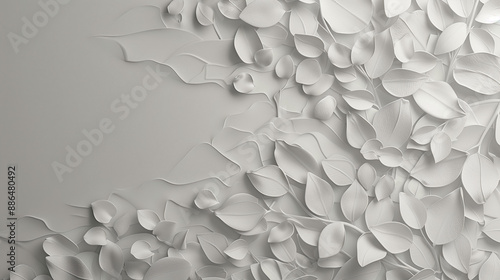 Elegant 3D background with white pastel leaves: minimalistic and stylish design, plaster, paint strokes.