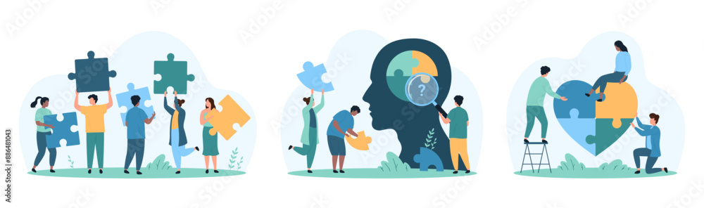 Creative thinking, success cooperation in problem solving set. Tiny people holding puzzle pieces, connect jigsaw parts in heart shape and in combination inside human head cartoon vector illustration Creative thinking, success cooperation in problem solving set. Tiny people holding puzzle pieces, connect jigsaw parts in heart shape and in combination inside human head cartoon vector illustration