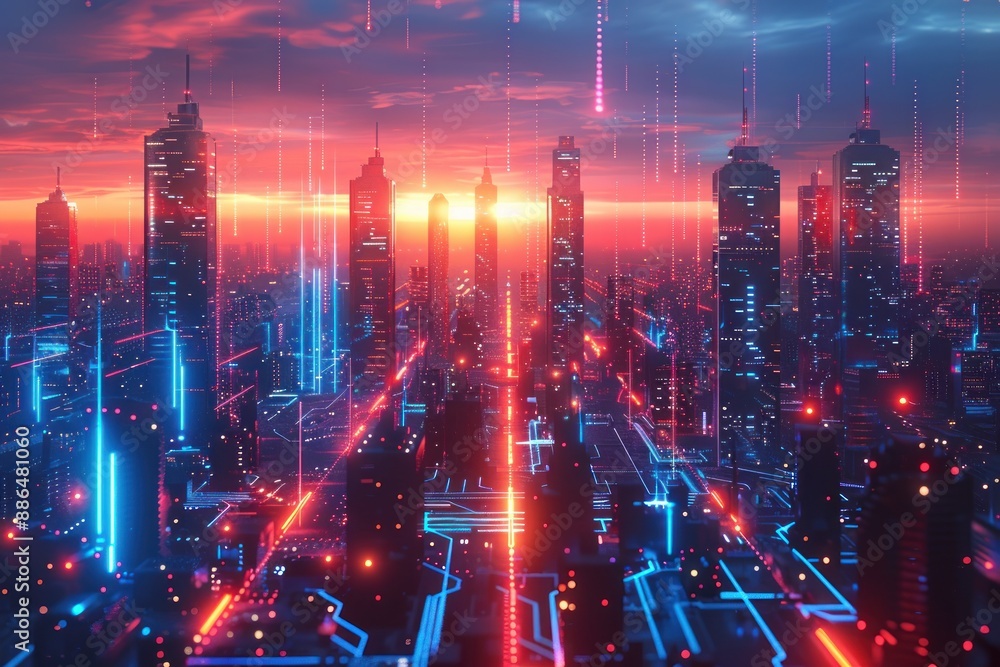 Fototapeta premium Cyberpunk Cityscape at Sunset