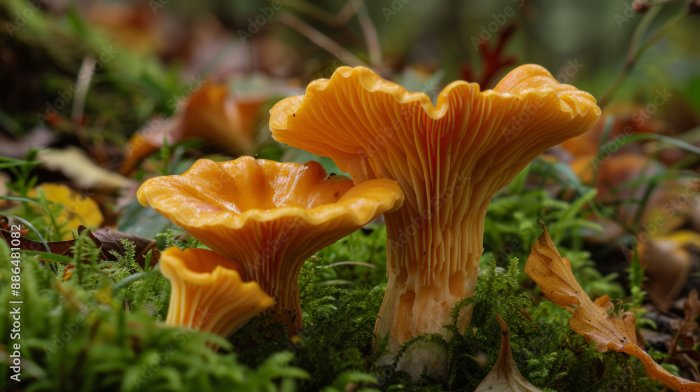 Close-up of chanterelles mushrooms growing in forest with green moss and autumn leaves. Nature and fungi background for design and print, poster, banner. Close-up of chanterelles mushrooms growing in forest with green moss and autumn leaves. Nature and fungi background for design and print, poster, banner.
