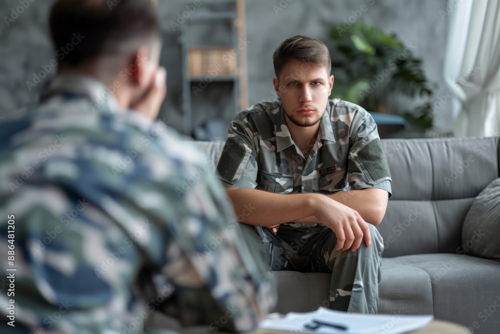 Fototapeta premium Soldier at Psychiatrist: Illustrating Post-Traumatic Stress After War.