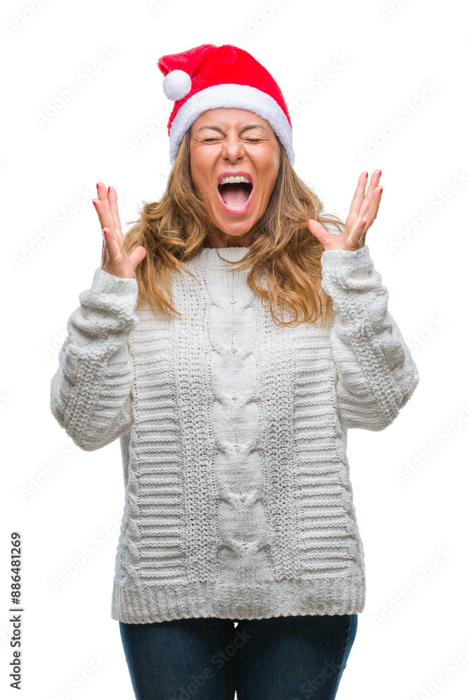 Middle age senior hispanic woman wearing christmas hat over isolated background celebrating mad and crazy for success with arms raised and closed eyes screaming excited. Winner concept Middle age senior hispanic woman wearing christmas hat over isolated background celebrating mad and crazy for success with arms raised and closed eyes screaming excited. Winner concept