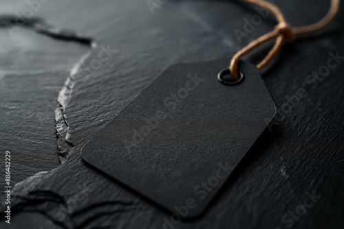 Dark, textured tag with sophisticated detailing on a rustic black backdrop photo