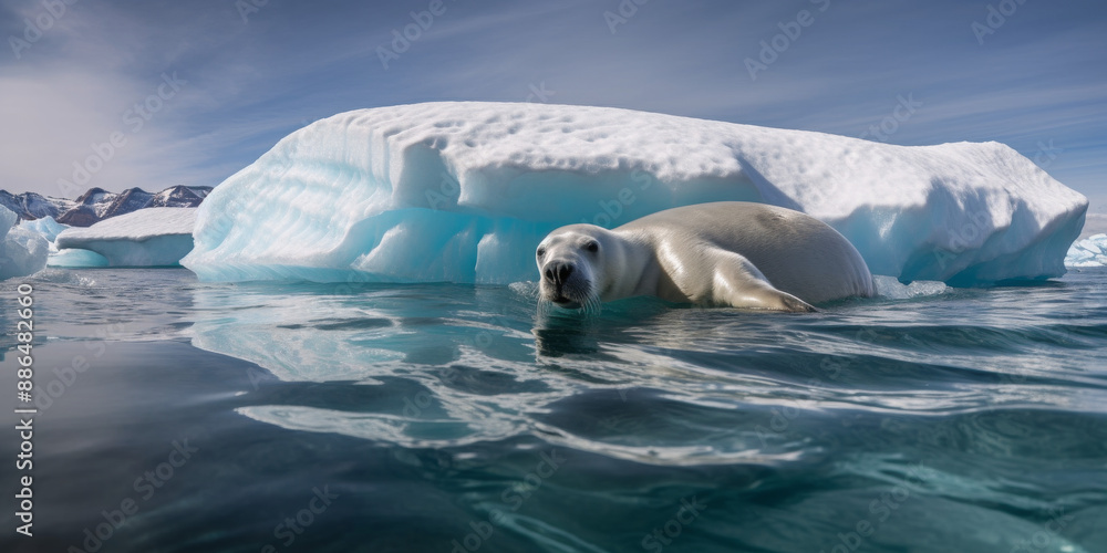 Naklejka premium Massive Iceberg Breaking, Bearded Seal Drifting on Ice Floe