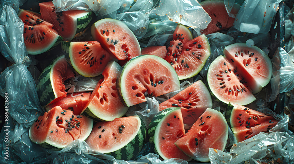 Overhead view of spoiled watermelon slices in a garbage bin, with plastic bags and food waste. Overhead view of spoiled watermelon slices in a garbage bin, with plastic bags and food waste.