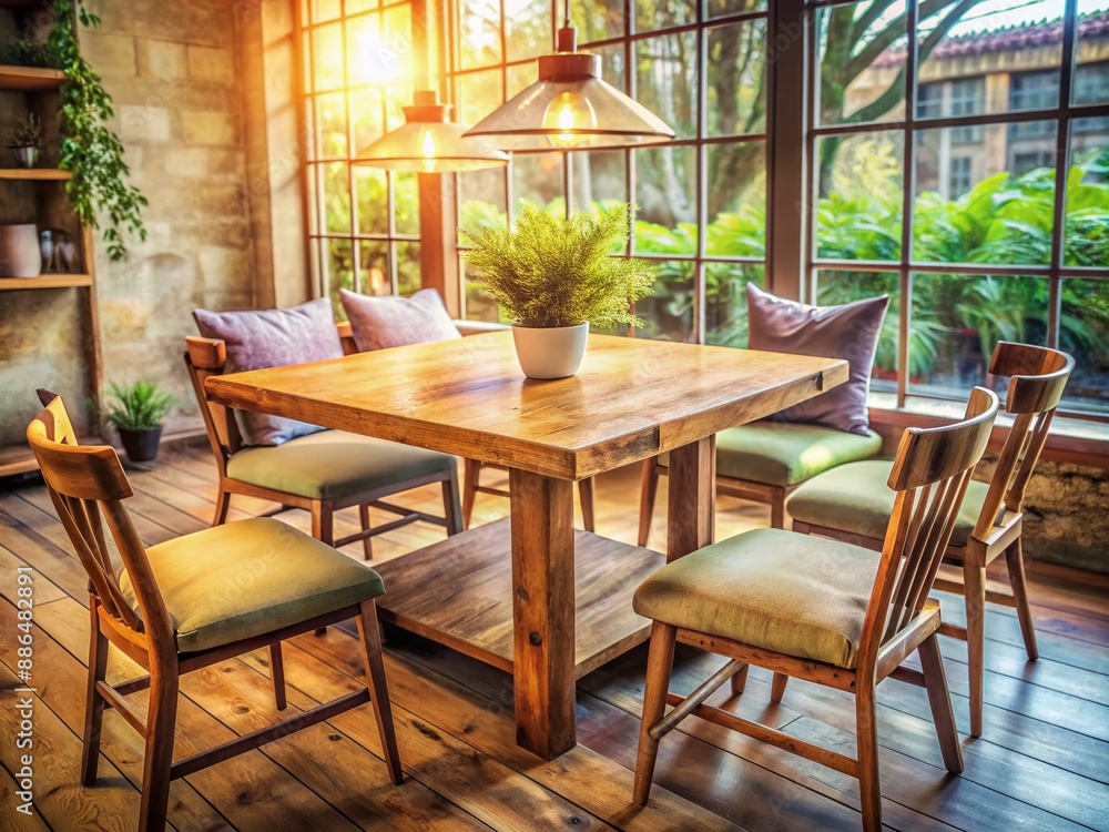 Rustic wooden table with smooth finish illuminated by natural light, surrounded by empty chairs with cushions in a cozy and inviting atmosphere. Rustic wooden table with smooth finish illuminated by natural light, surrounded by empty chairs with cushions in a cozy and inviting atmosphere.