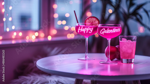 Pretty pink neon light Galentines day heart sign glowing with gin vodka girly pastel cocktails at club pub bar nightlife valentines party bestie girlfriend celebration decor event best friends sister photo