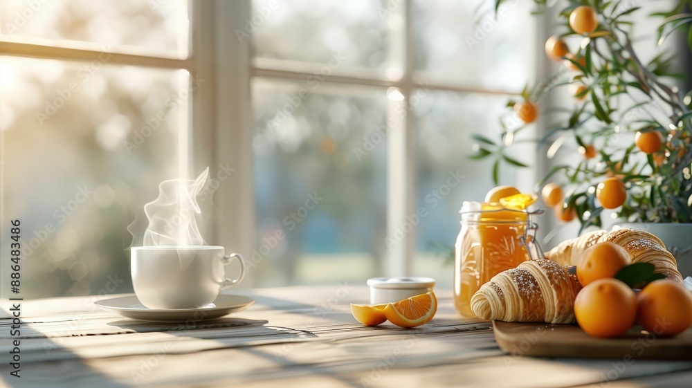 custom made wallpaper toronto digitalA breakfast table setting with orange marmalade, a croissant, and tea in warm morning light.