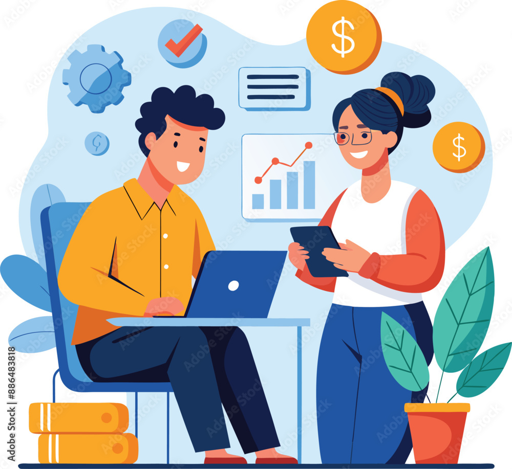 girl and boy talking about finance flat vector illustration isolated on a white background. girl and boy talking about finance flat vector illustration isolated on a white background.