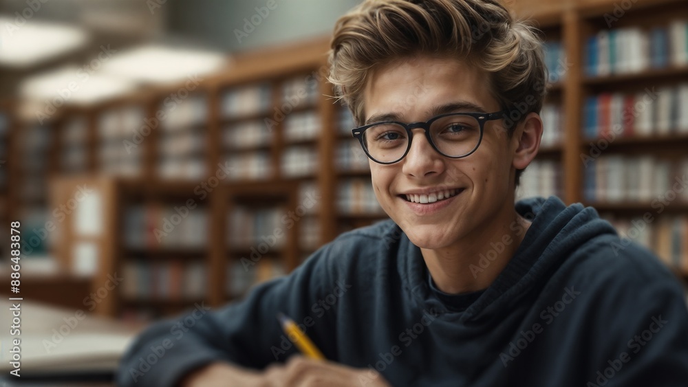 Smiling young man studying in library, male student reading book and doing homework, education and academic success concept Smiling young man studying in library, male student reading book and doing homework, education and academic success concept