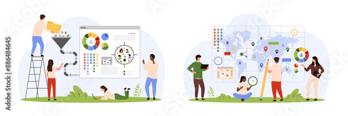 Sociology, global population and interaction analysis set. Tiny people research statistics and society structure with map and funnel, infographic charts of survey results cartoon vector illustration