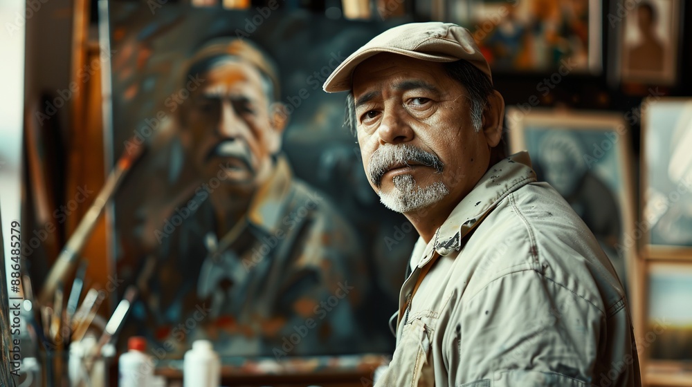 An old artist standing in his workplace in front of his most famous painting while wearing his work uniform and cap, he is proud of his job and skills An old artist standing in his workplace in front of his most famous painting while wearing his work uniform and cap, he is proud of his job and skills