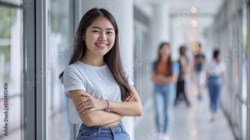 Free Download Confident Thai Female Student Smiling in University Corridor, Embracing Diversity, Perfect for Education and Lifestyle Content - GFXLoad