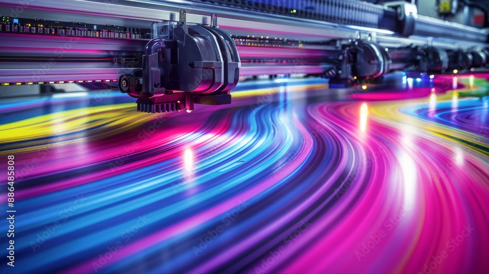 Fototapeta premium High-speed industrial printing machine producing vibrant colors, symbolizing modern technology and creative design in print. Concept of technology, innovation, and industry. 