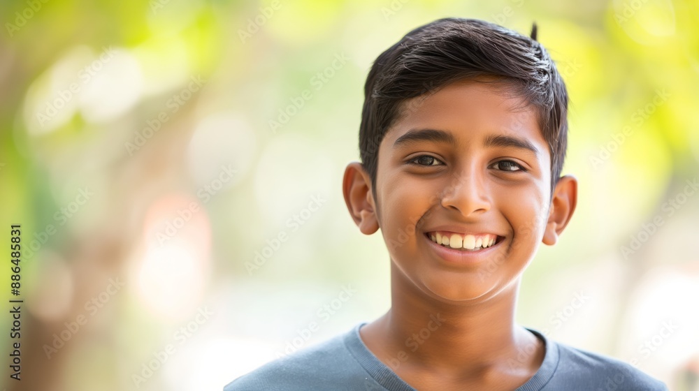 Smiling Indian Teenage Boy Outdoor Portrait with Blurred Green Background for Diversity and Youth Themes Smiling Indian Teenage Boy Outdoor Portrait with Blurred Green Background for Diversity and Youth Themes