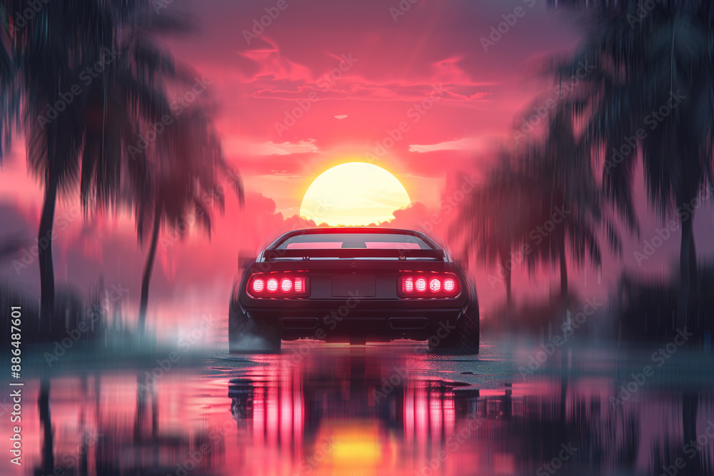 Car driving into sunset. Summer vibes 80s style illustration. Ai generative Car driving into sunset. Summer vibes 80s style illustration. Ai generative