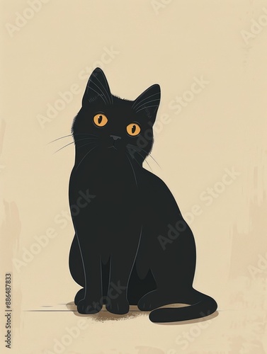 A black cat with striking yellow eyes is sitting down on a surface, looking alert and curious