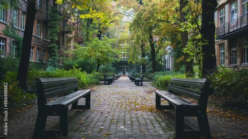 deserted college courtyard with benches and trees, symbolizing the return to academic life photo