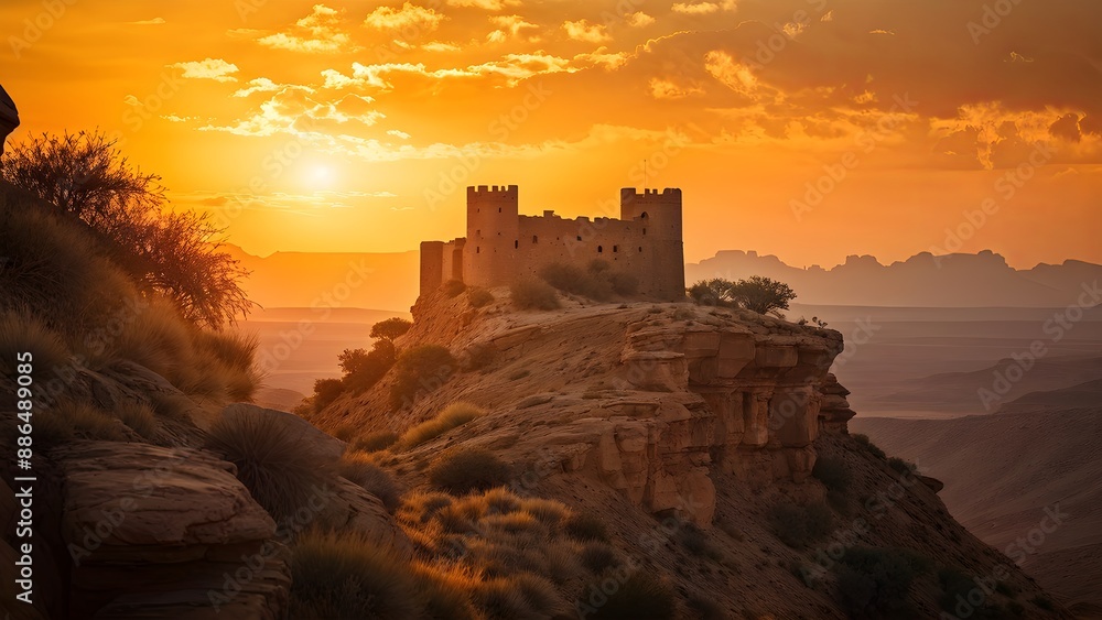 Fototapeta premium Mysterious ancient castle bathed in golden sunset light atop rocky cliff in desert landscape. Generative AI
