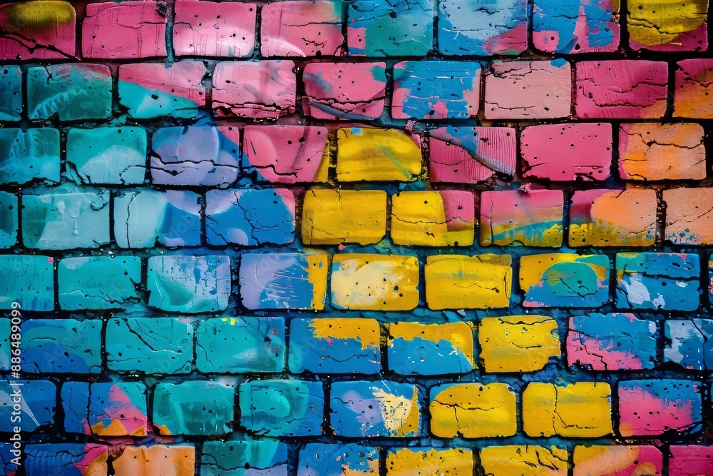 Fototapeta premium An image of graffiti on a brick wall, in black, yellow, and purple
