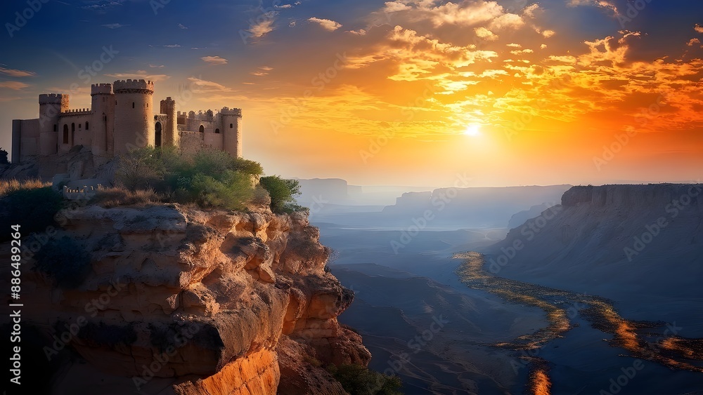 Fototapeta premium Majestic fortress on rocky cliff at sunset with vibrant sky and river view. Generative AI