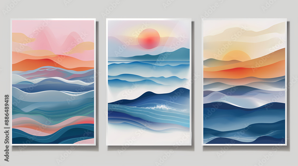 Obraz premium Abstract coloful landscape poster collection. Set of contemporary art print templates. Nature backgrounds for your social media. Sun and moon, sea, mountains, ocean, river bundle