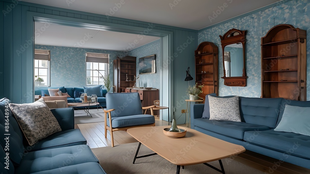 Scandinavian interior design of blue living room with modern furniture, vintage wallpaper background with wooden decoration, home Scandinavian interior design of blue living room with modern furniture, vintage wallpaper background with wooden decoration, home