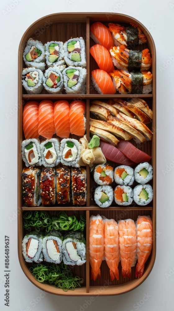 A top-down view of a wooden bento box filled with various types of sushi and sashimi, arranged neatly in separate compartments. A top-down view of a wooden bento box filled with various types of sushi and sashimi, arranged neatly in separate compartments.