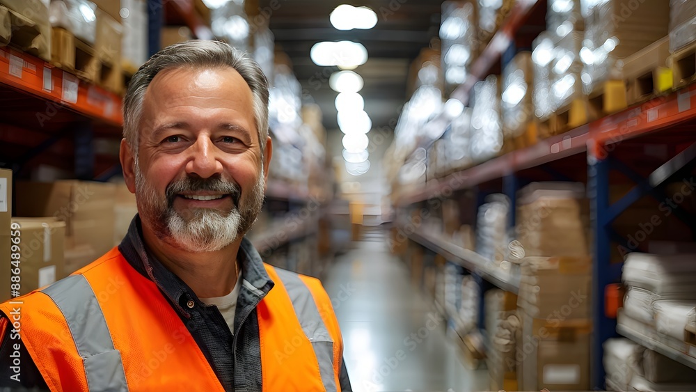 Smiling warehouse worker in orange vest in industrial warehouse background. Generative AI Smiling warehouse worker in orange vest in industrial warehouse background. Generative AI