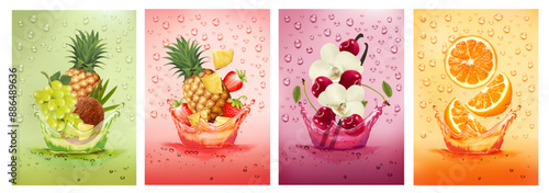 Fresh fruits drink splashing together- coconut, vanilla, pineapple, cherry, strawberry, grape, orange juice drink splashing. 3d fresh fruit. Vector illustration