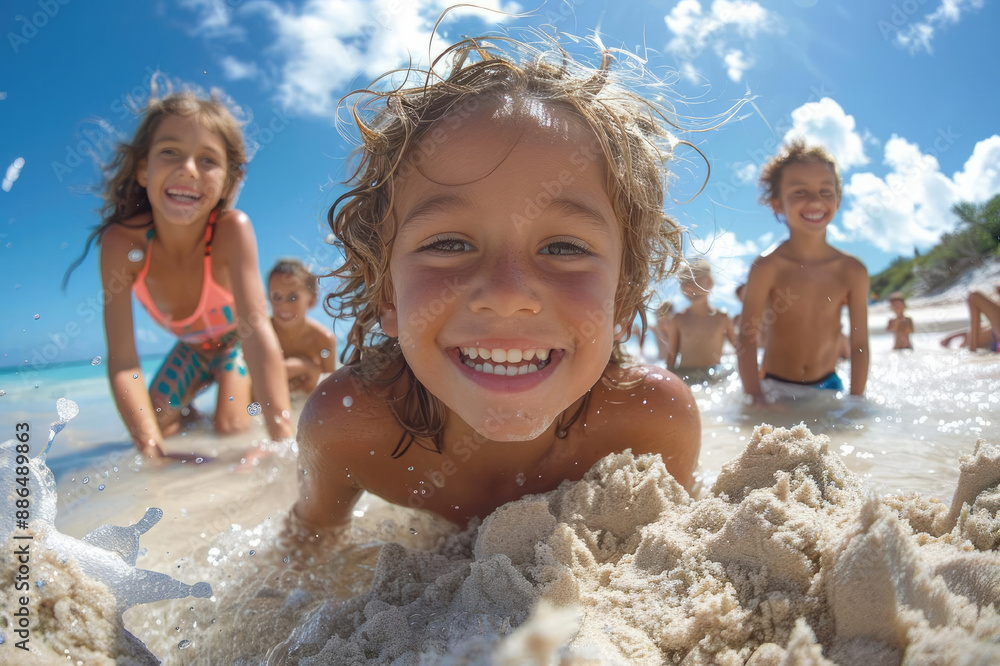 A group of children are playing in the sand at the beach. One of the children is smiling and he is enjoying herself A group of children are playing in the sand at the beach. One of the children is smiling and he is enjoying herself