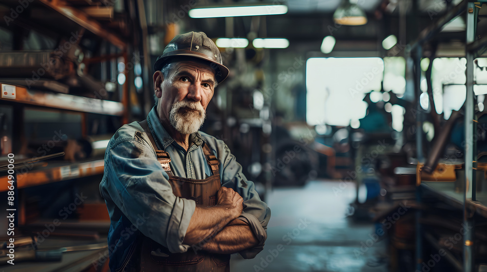 Portrait of a working man in a uniform and a hard hat. AI Generated