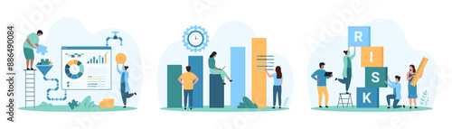 Financial assessment, economic risk analysis, management and control set. Tiny people assess safety of investment with finance analytics, manage data using software cartoon vector illustration