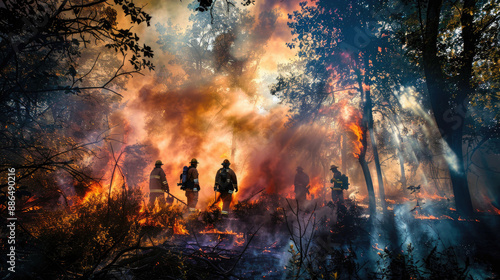 Firefighters, amidst burnt trees, fight to control a devastating blaze, as smoke and flame rise around them