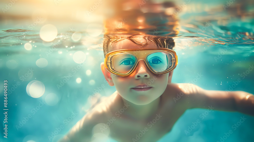 Naklejka premium A little boy children playing under the pool with goggles summer concept