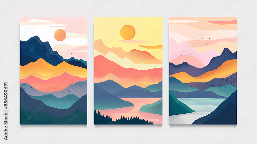 Obraz premium Abstract coloful landscape poster collection. Set of contemporary art print templates. Nature backgrounds for your social media. Sun and moon, sea, mountains, ocean, river bundle