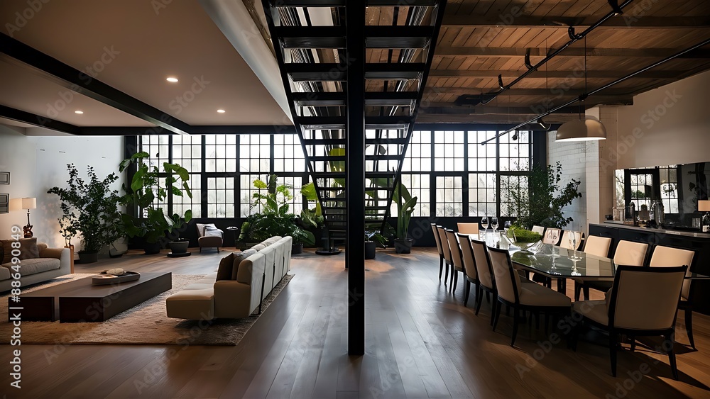 Home indoors. Open space with living room and dining room in bright industrial loft with green plants. Home indoors. Open space with living room and dining room in bright industrial loft with green plants.