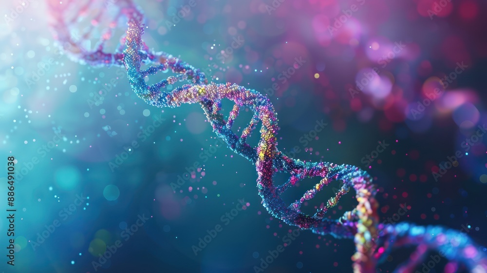 A 3D digital representation of a DNA strand with vibrant colors, set against a high-resolution background depicting a modern medical laboratory environment A 3D digital representation of a DNA strand with vibrant colors, set against a high-resolution background depicting a modern medical laboratory environment
