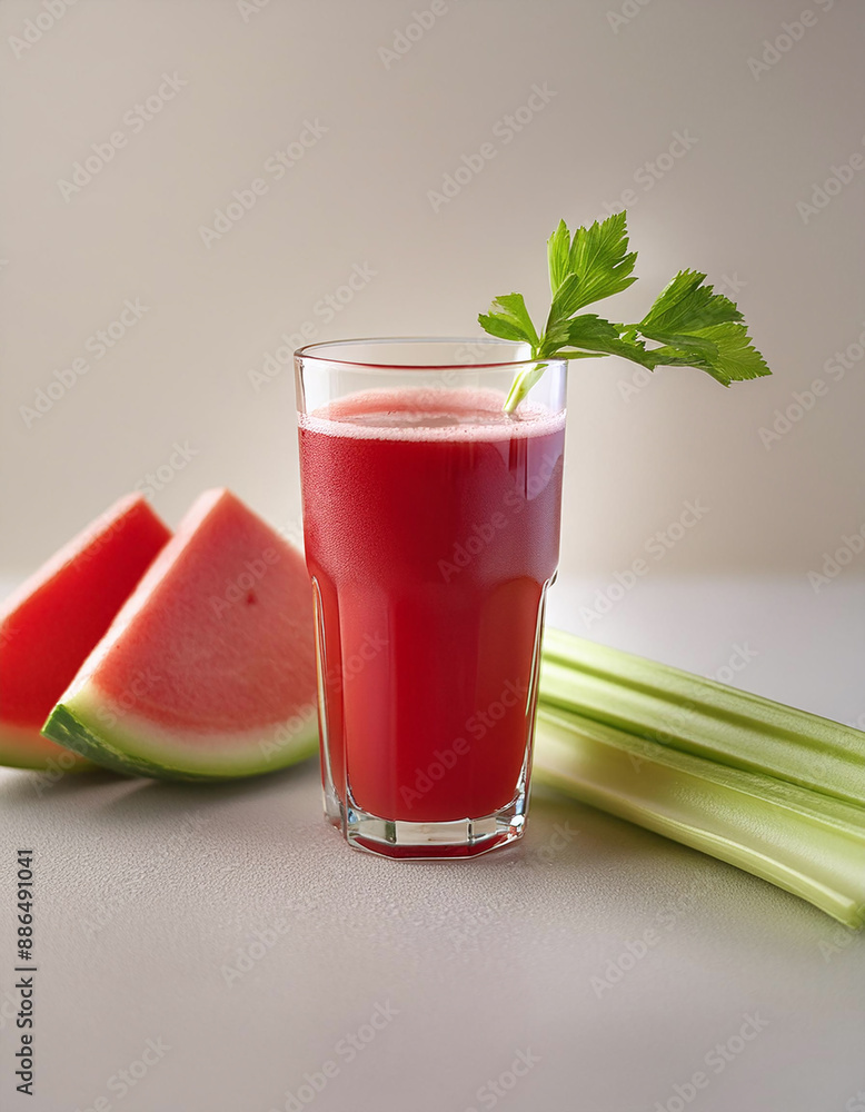 A refreshing glass of watermelon juice garnished with celery, accompanied by watermelon slices A refreshing glass of watermelon juice garnished with celery, accompanied by watermelon slices