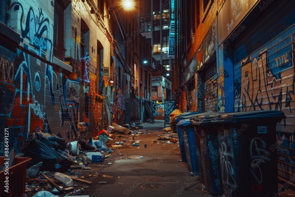 Fototapeta premium Graffiti on the walls of a dark alleyway in Melbourne, Australia - April 21, 2015.