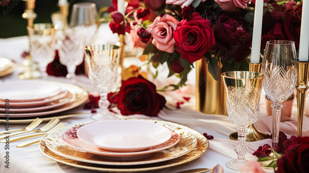 Wedding and event celebration tablescape with flowers, formal dinner table setting with roses and wine, elegant floral table decor for dinner party and holiday decoration, home styling idea Wedding and event celebration tablescape with flowers, formal dinner table setting with roses and wine, elegant floral table decor for dinner party and holiday decoration, home styling idea