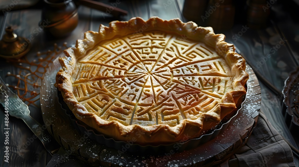 A large, golden-brown pie with a intricate, geometric crust pattern sits on a wooden table.