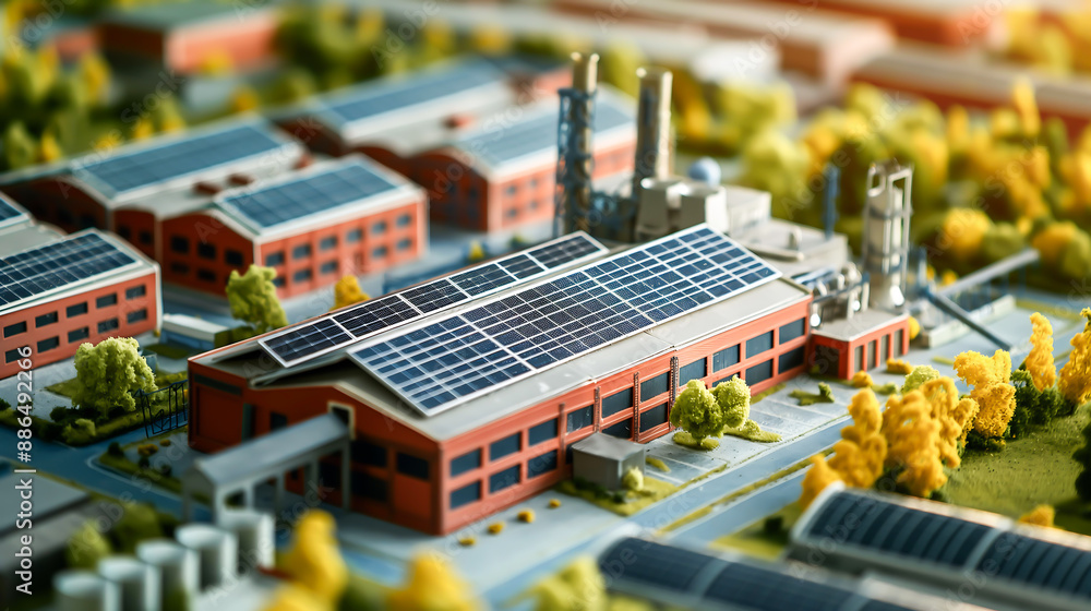Mini model of factory building with solar panels on the roof Mini model of factory building with solar panels on the roof