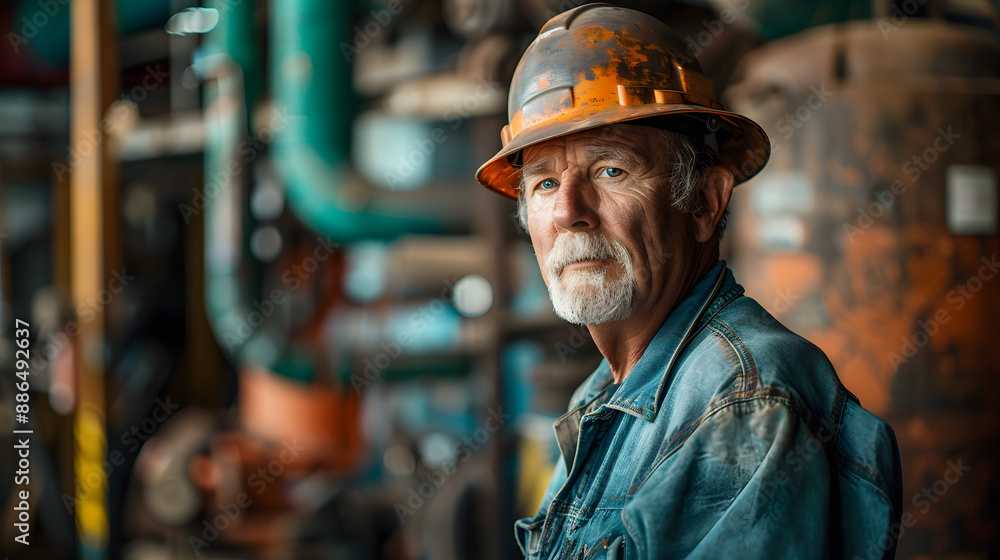 Portrait of a working man in a uniform and a hard hat. AI Generated Portrait of a working man in a uniform and a hard hat. AI Generated