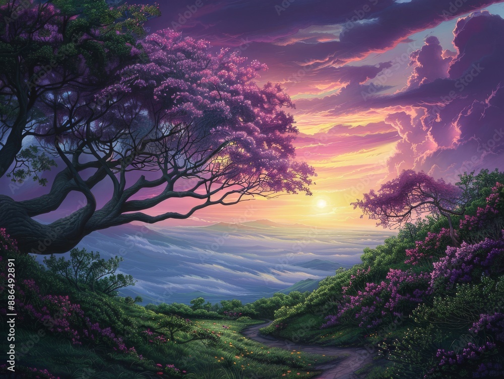 A serene landscape with a winding path through lush green hills, adorned with blooming pink and purple trees, under a vibrant sunset sky, creating a peaceful and enchanting scene. A serene landscape with a winding path through lush green hills, adorned with blooming pink and purple trees, under a vibrant sunset sky, creating a peaceful and enchanting scene.