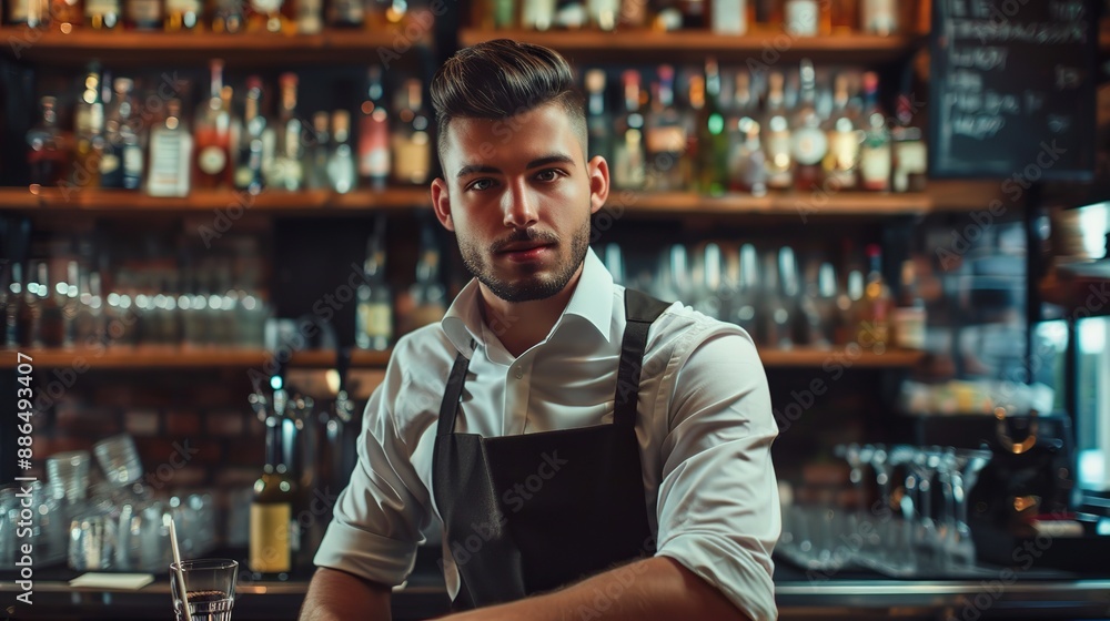 A bartender in professional uniform sitting behind bar counter and is ready to serve drinks, empty glasses and variety of drinks in background A bartender in professional uniform sitting behind bar counter and is ready to serve drinks, empty glasses and variety of drinks in background