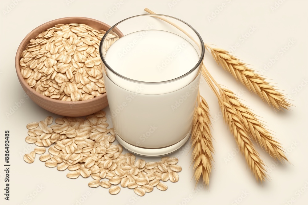 glass milk with oats on soft brown and white background glass milk with oats on soft brown and white background